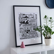 Load image into Gallery viewer, Black and white Aberdeen illustration print in frame with plant