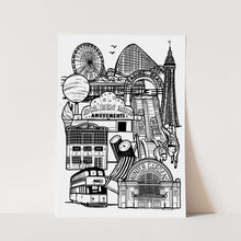 Load image into Gallery viewer, Black and white blackpool print in frame