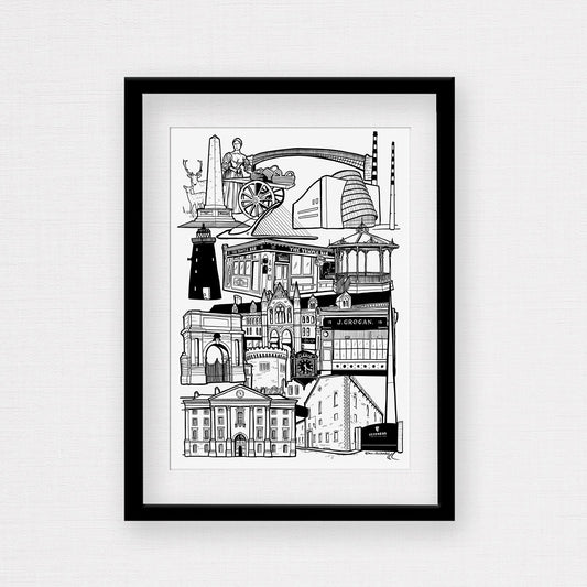 Black and white print of Dublin framed