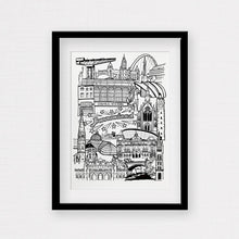 Load image into Gallery viewer, Black and White framed illustration print of Glasgow