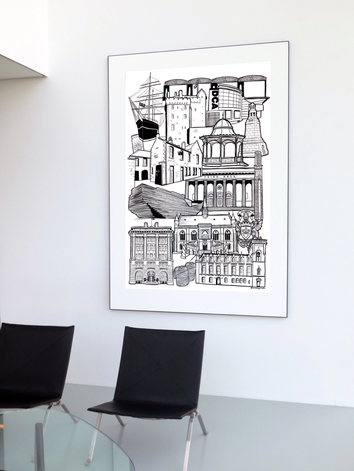 Black and white illustration print of Dundee
