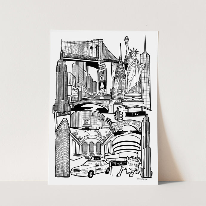 New York black and white illustration print