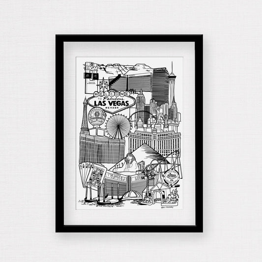 Black and White Vegas illustration print with frame