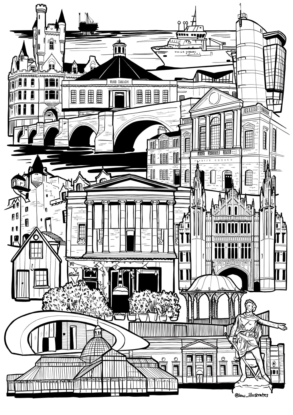 Black and white Aberdeen illustration print