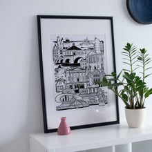 Load image into Gallery viewer, Black and white Aberdeen illustration print in frame with plant
