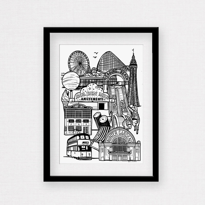 Black and white blackpool print in frame