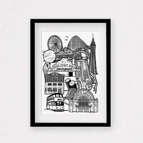 Black and white blackpool print in frame