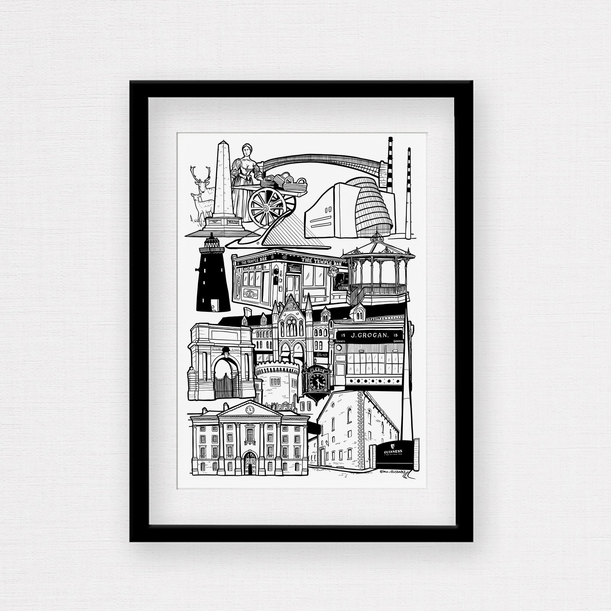 Black and white print of Dublin framed