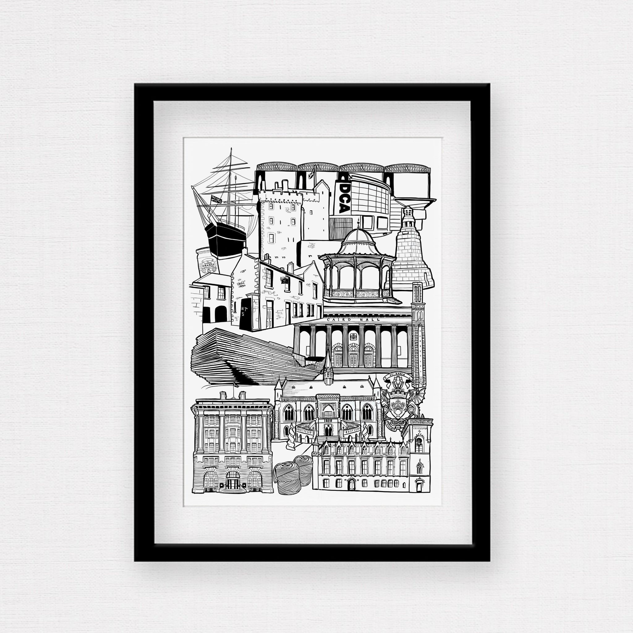 Framed Black and white illustration print of Dundee