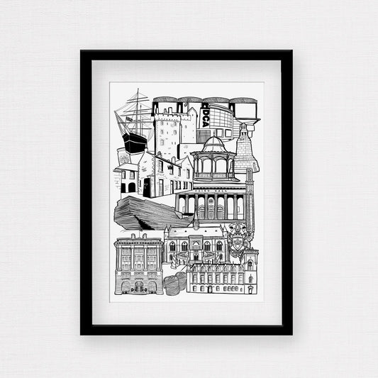 Framed Black and white illustration print of Dundee