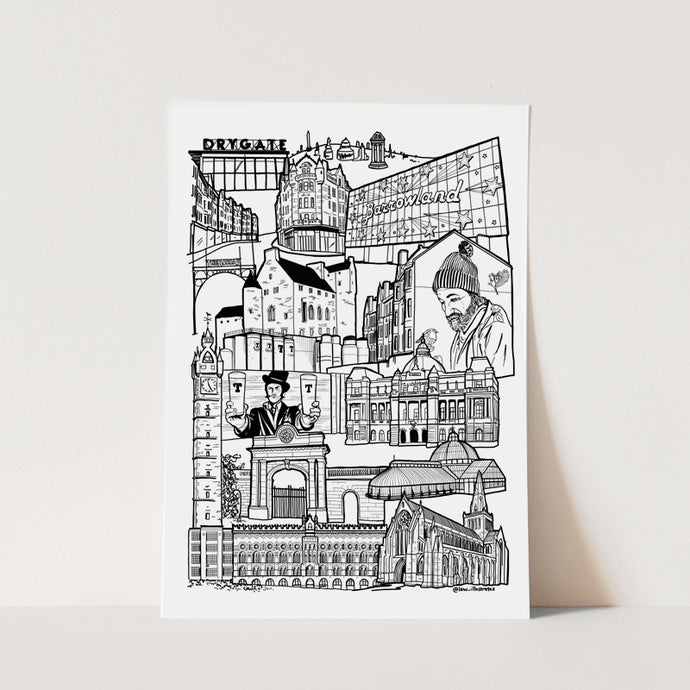 Black and White Glasgow East End illustration print