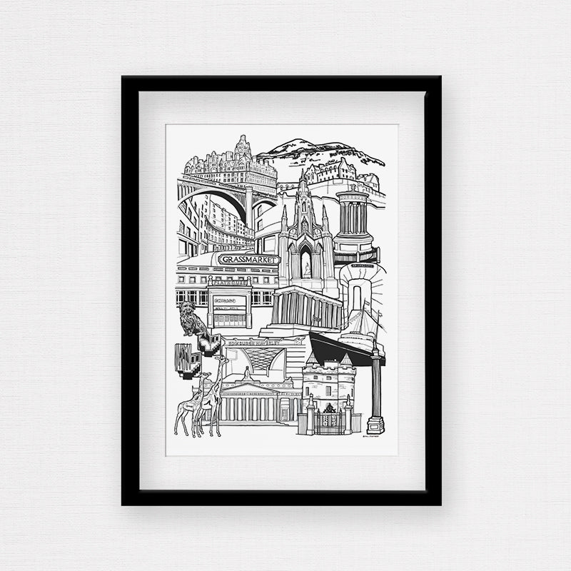 Black and White Edinburgh Illustration Print with Frame