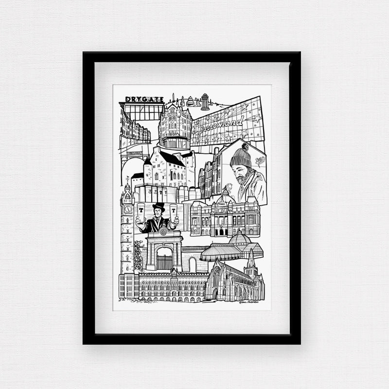 Black and White Glasgow East End illustration print with frame