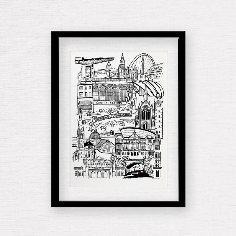 Black and White framed illustration print of Glasgow
