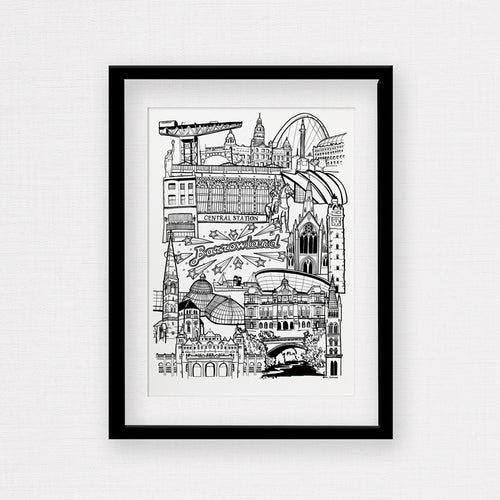 Black and White framed illustration print of Glasgow