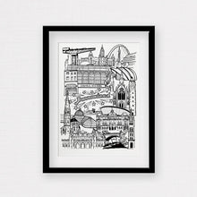Load image into Gallery viewer, Black and White framed illustration print of Glasgow

