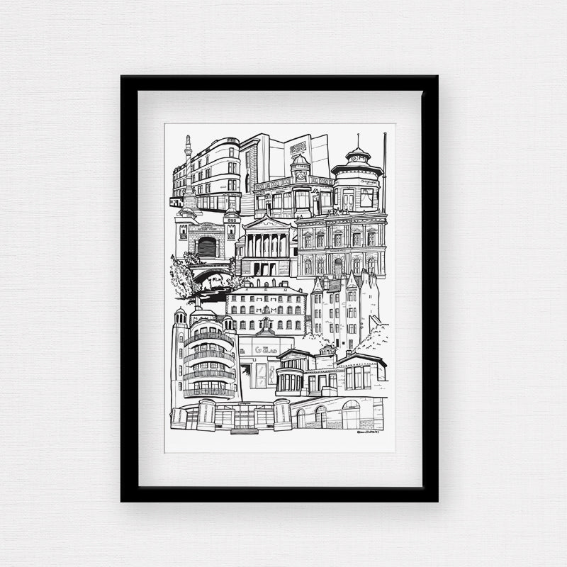 Black and white print of Glasgow Southside with frame
