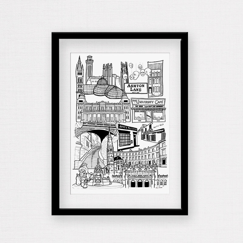 Black and White Print of Glasgow's West End with frame
