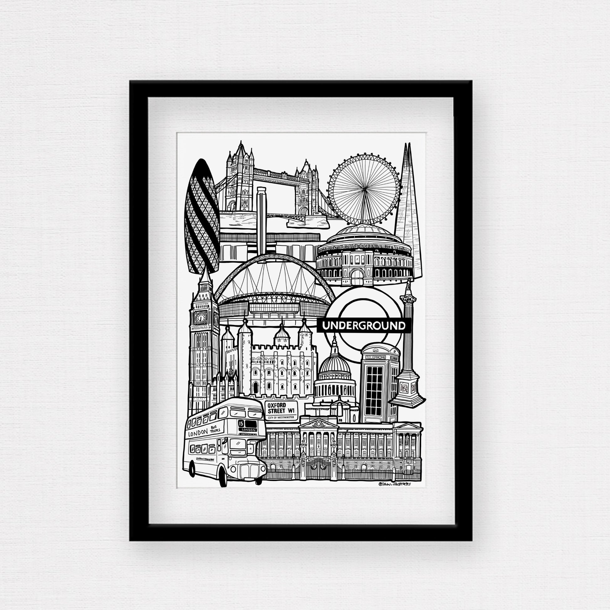 Black and White London Illustration Print with frame