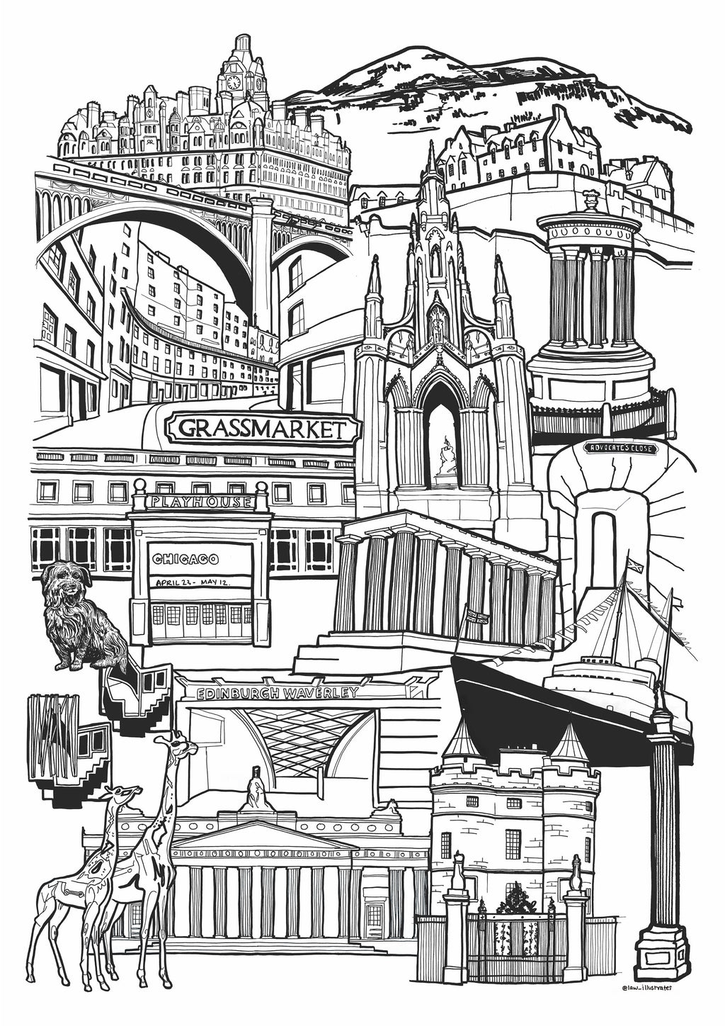 Black and White Edinburgh Illustration Print