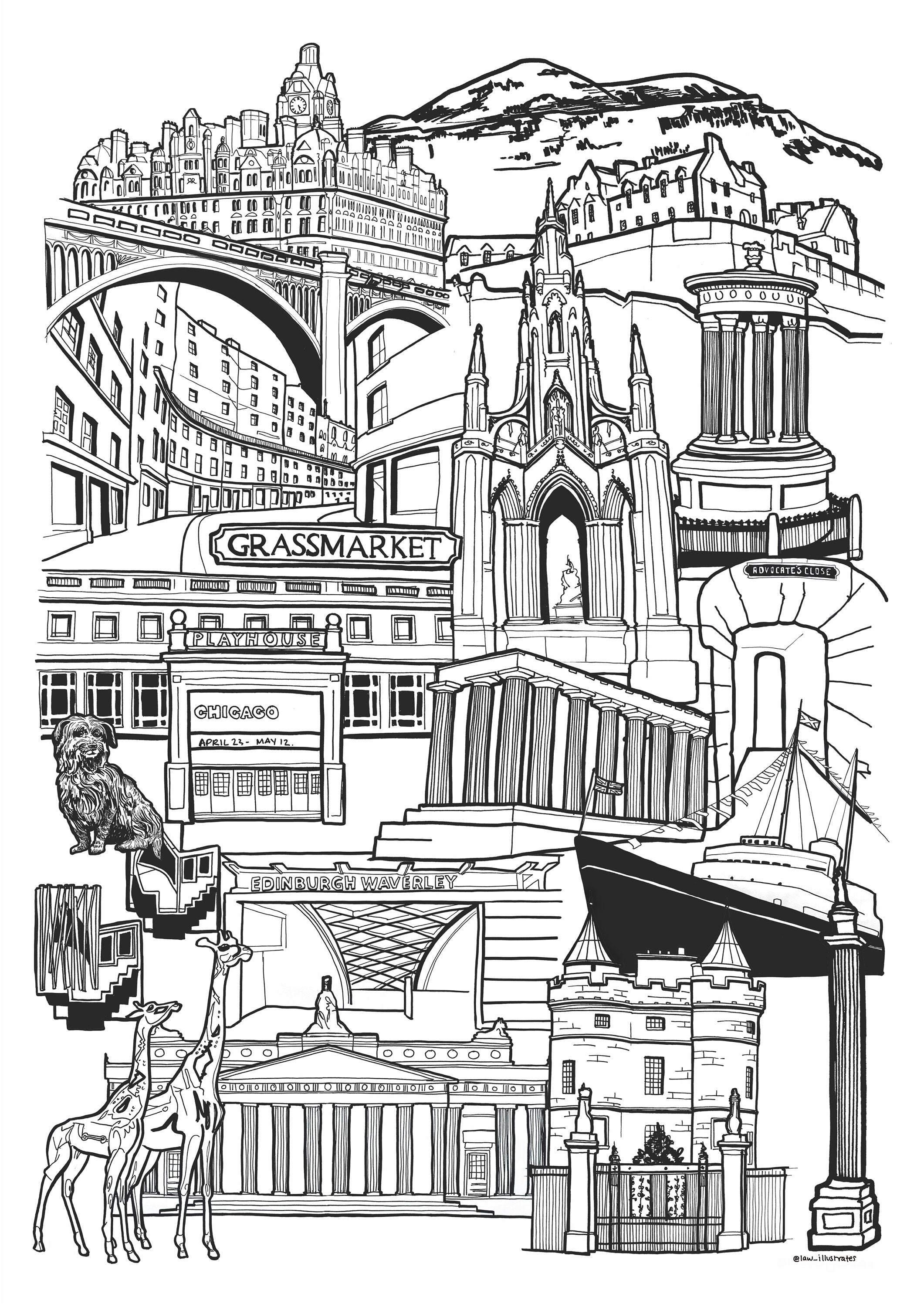 Black and White Edinburgh Illustration Print
