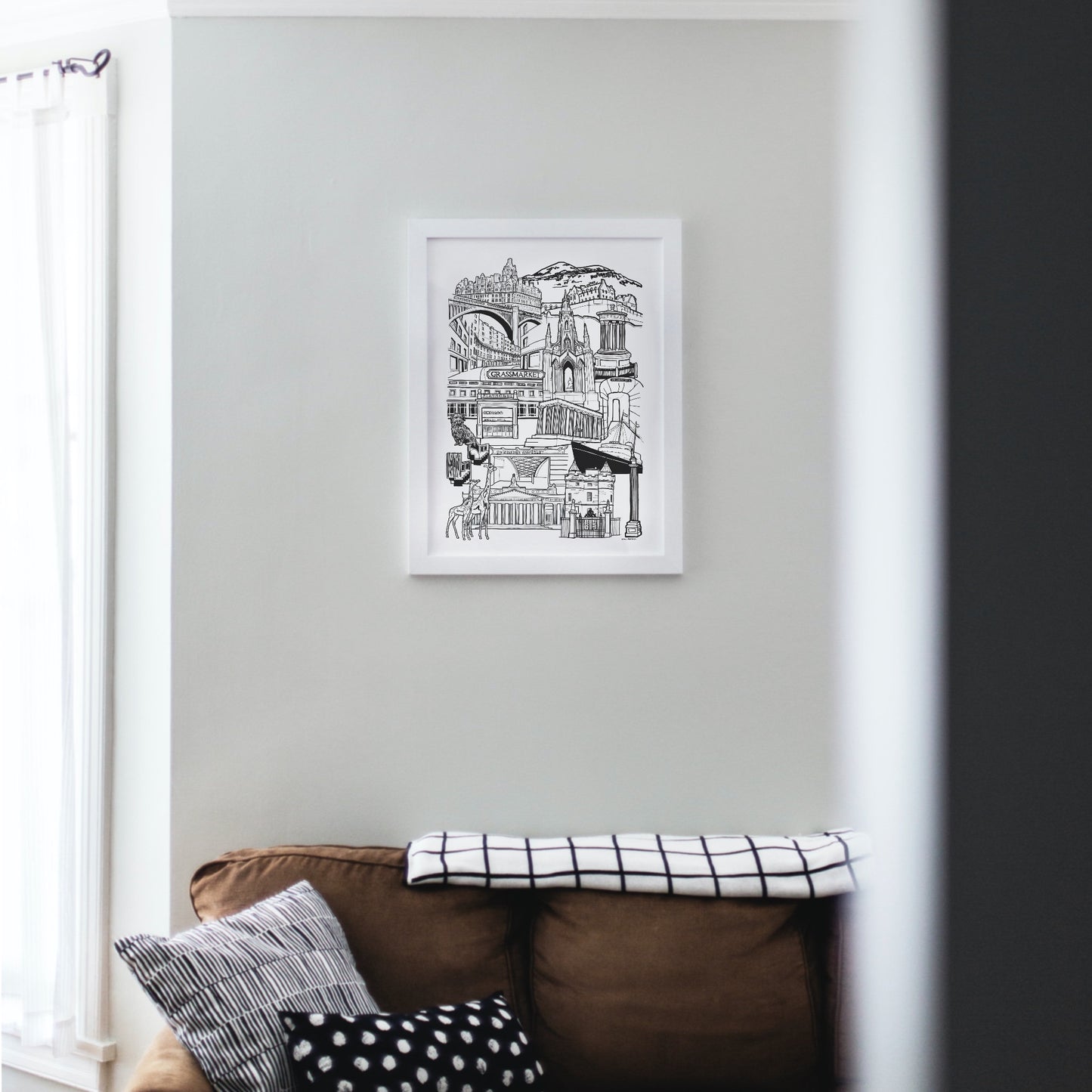 Black and White Edinburgh Illustration Print in living room