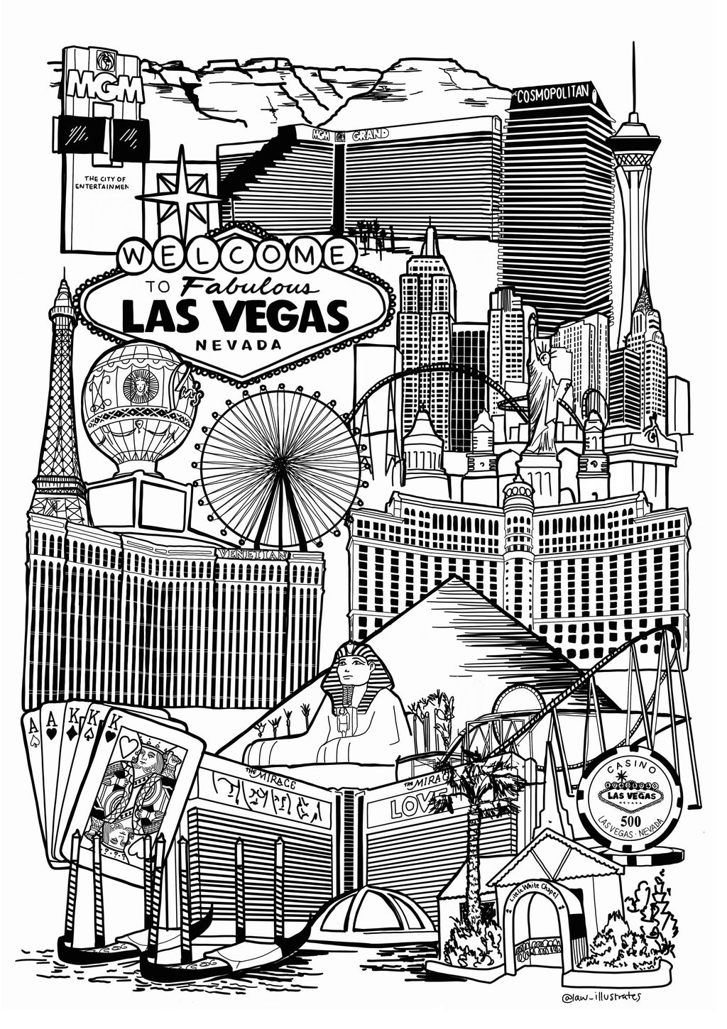 Black and White Vegas illustration print