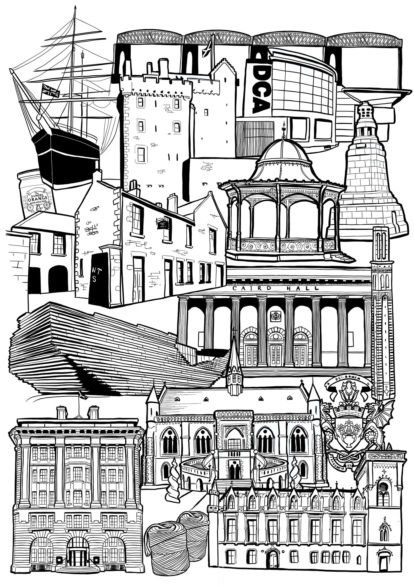 Black and white illustration print of Dundee