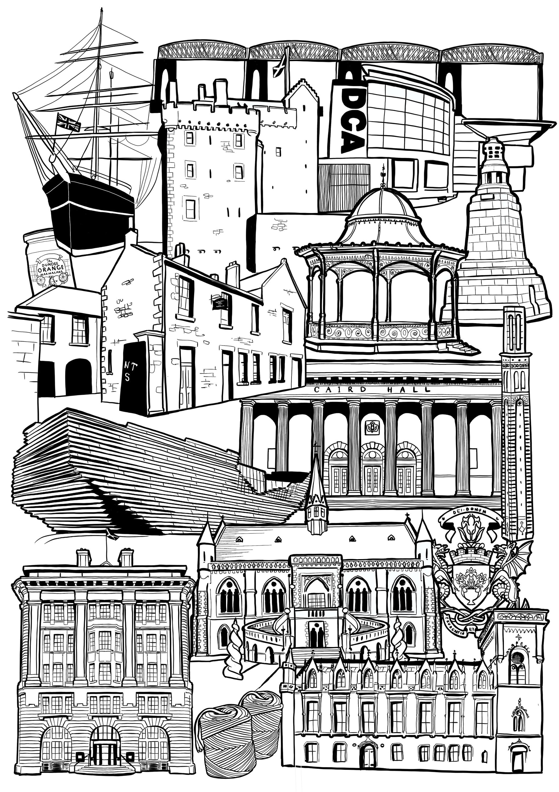 Black and white illustration print of Dundee