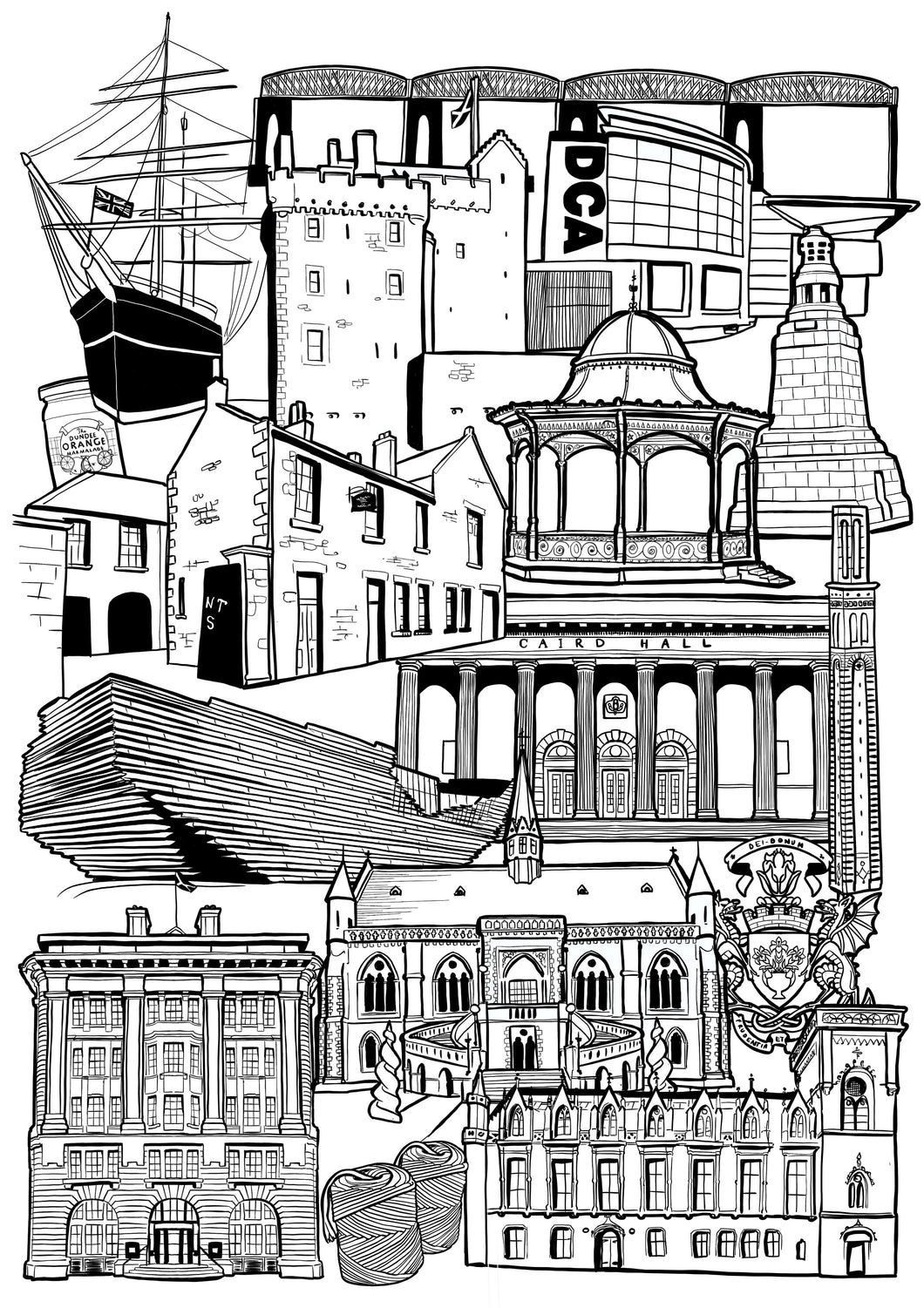 Black and white illustration print of Dundee