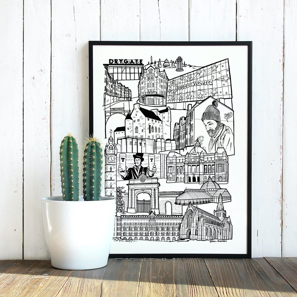 Black and White Glasgow East End illustration print