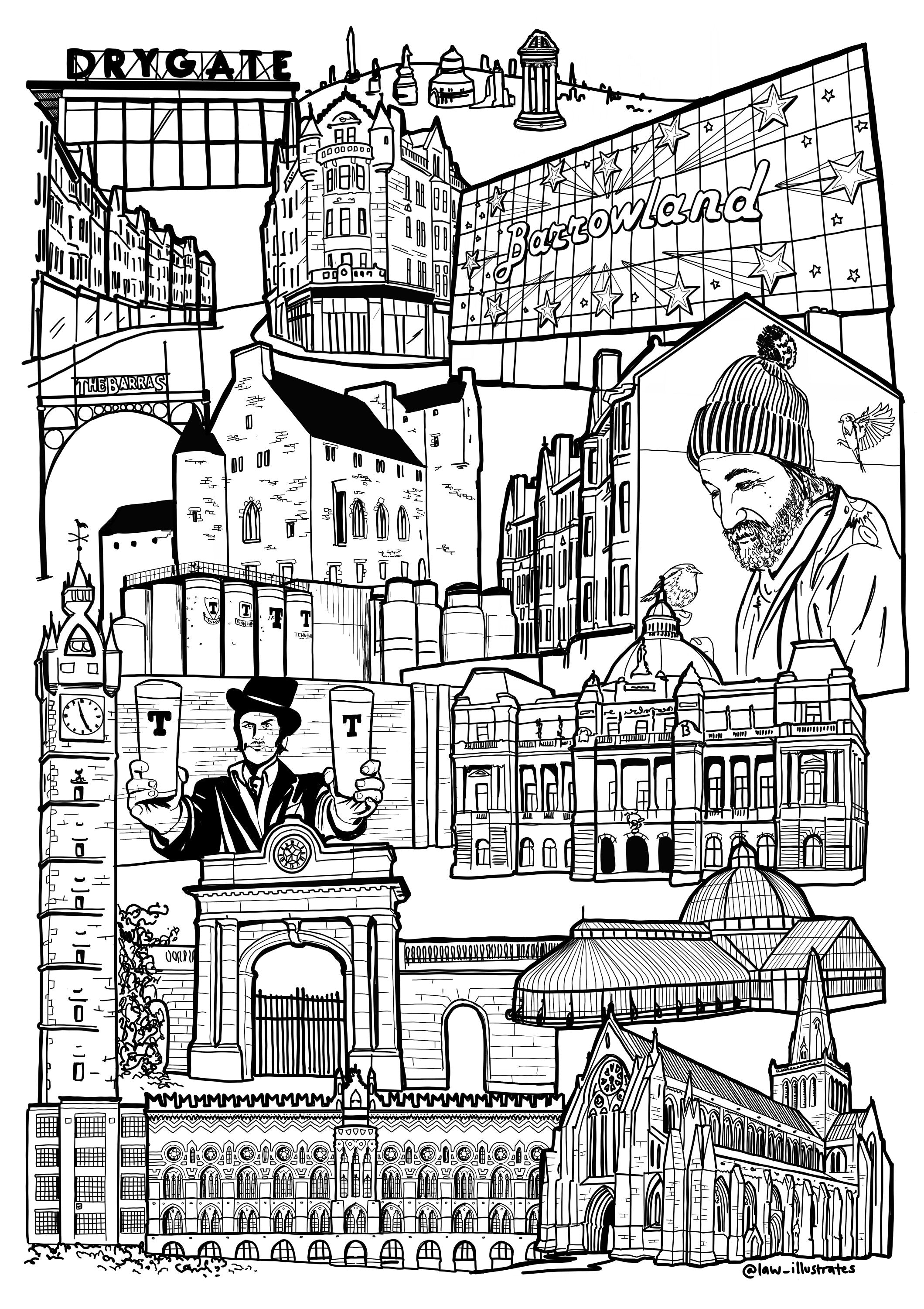 Black and White Glasgow East End illustration print