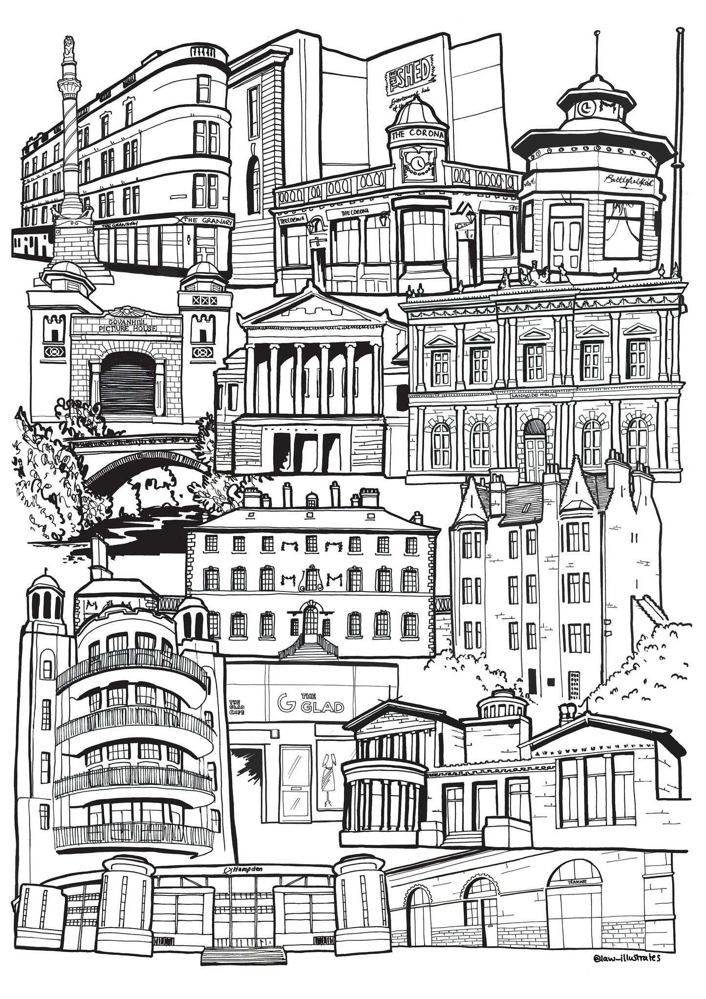 Black and white print of Glasgow Southside