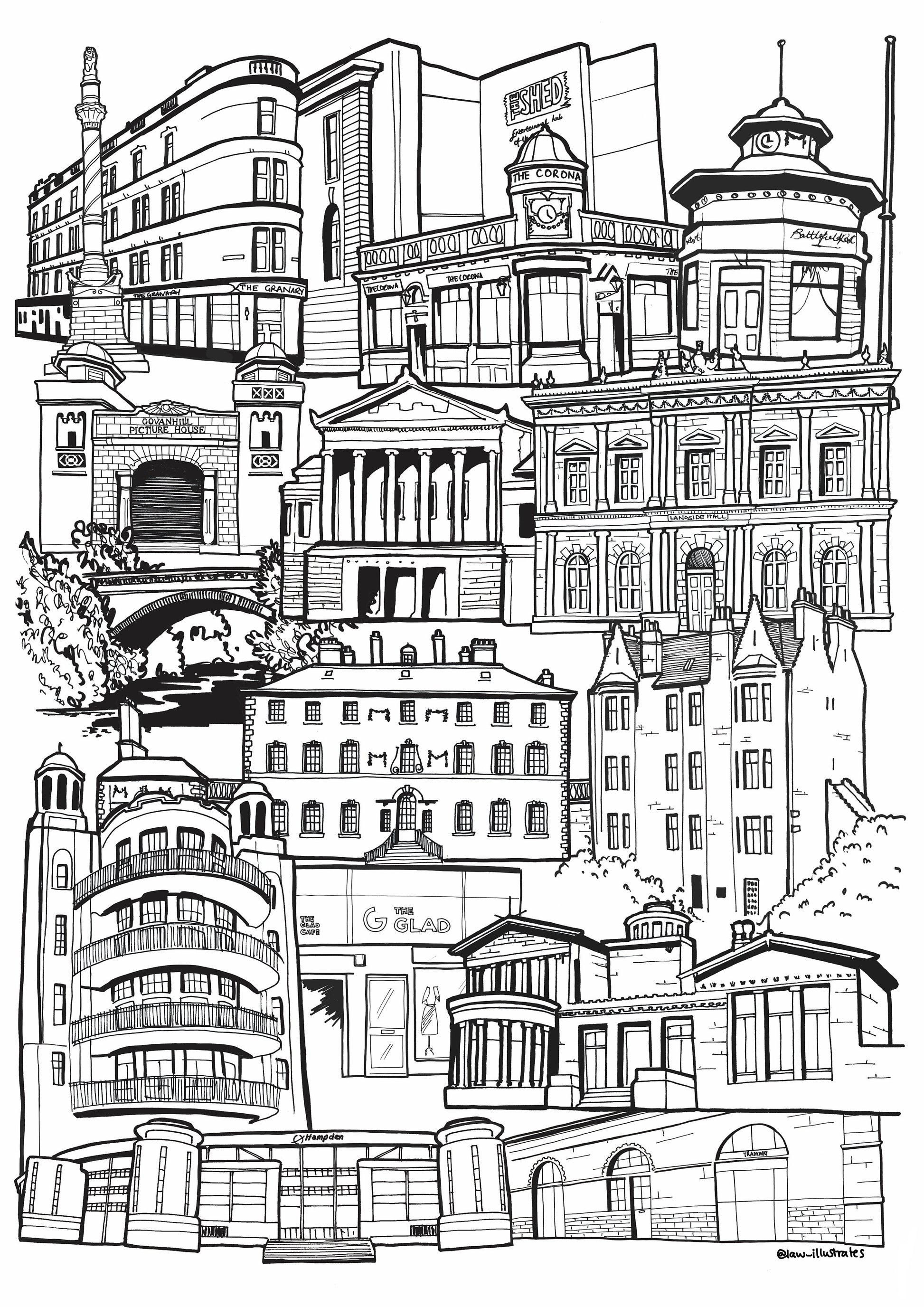 Black and white print of Glasgow Southside