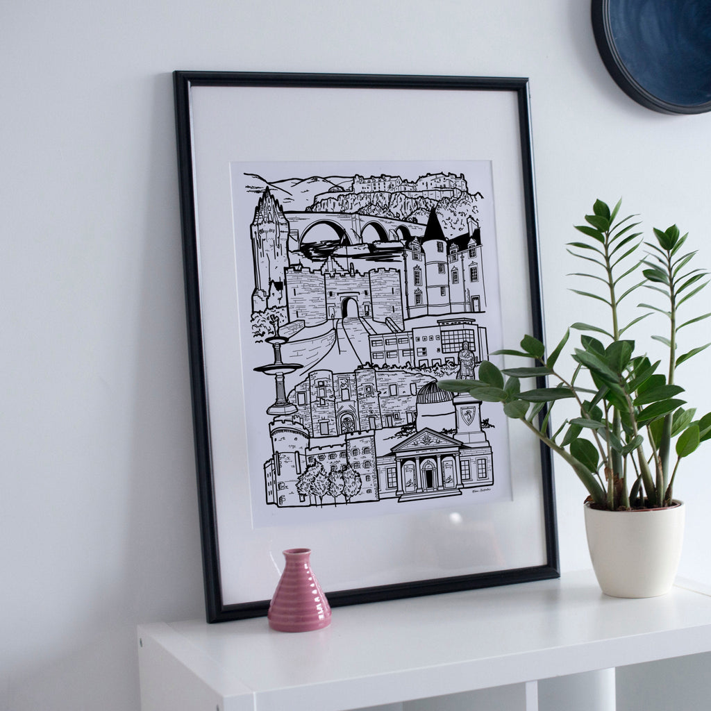 Black and white Stirling illustration print with frame