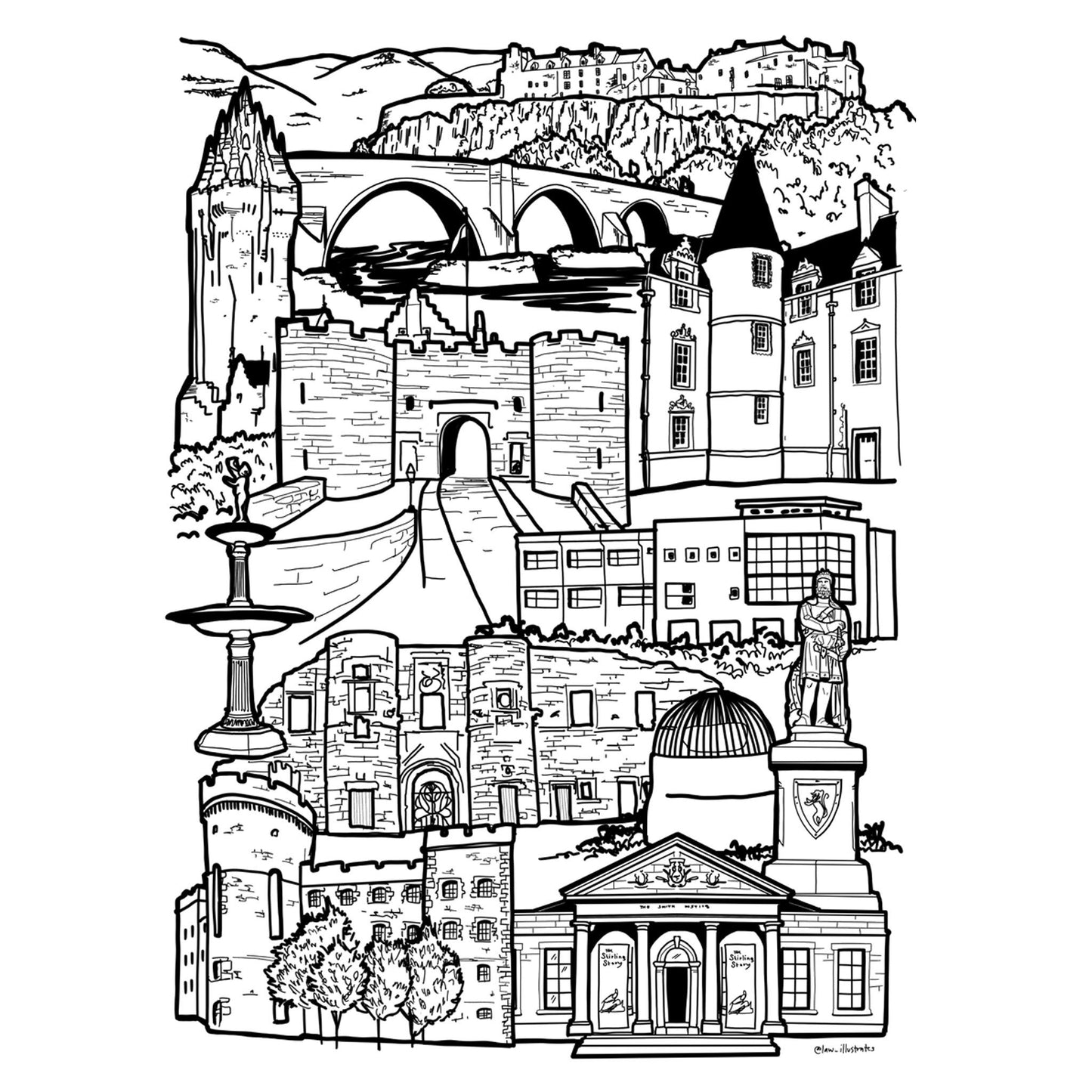 Black and white Stirling illustration print