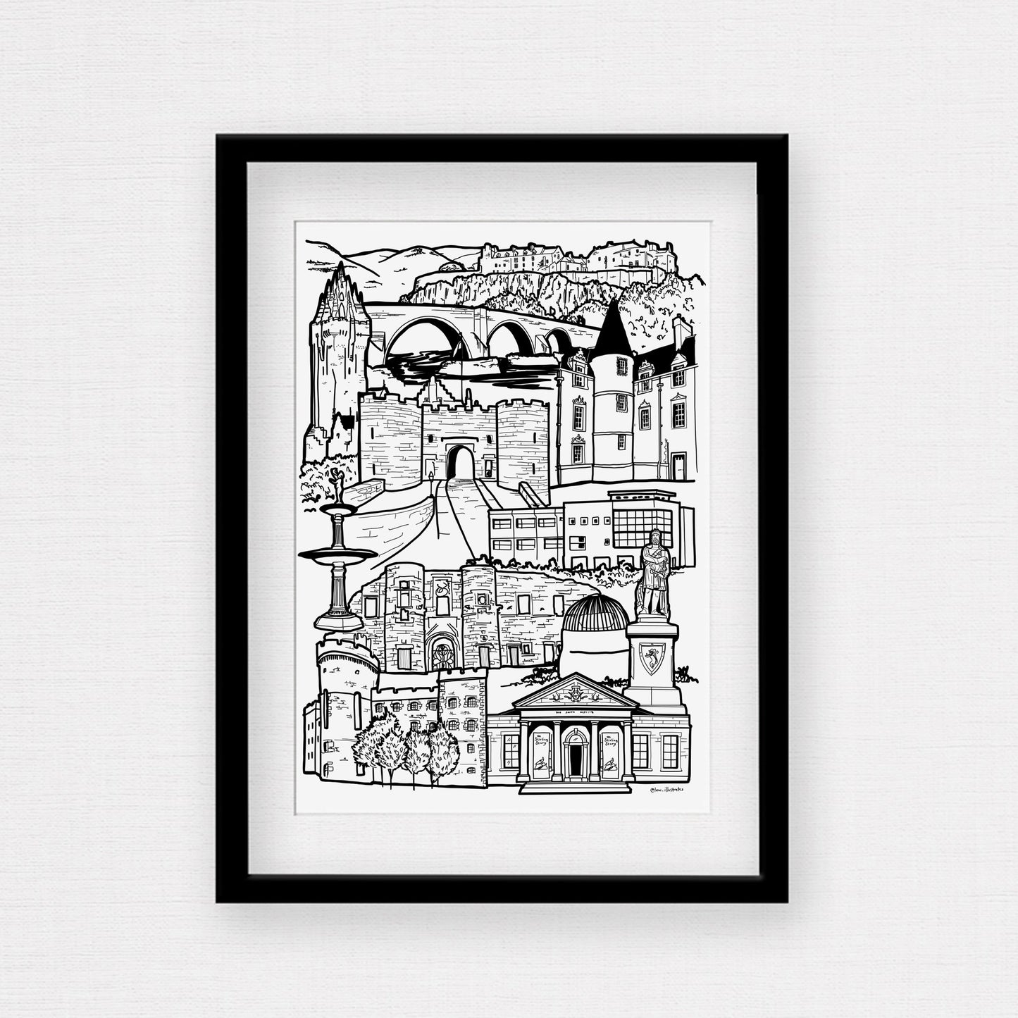 Black and white Stirling illustration print with frame