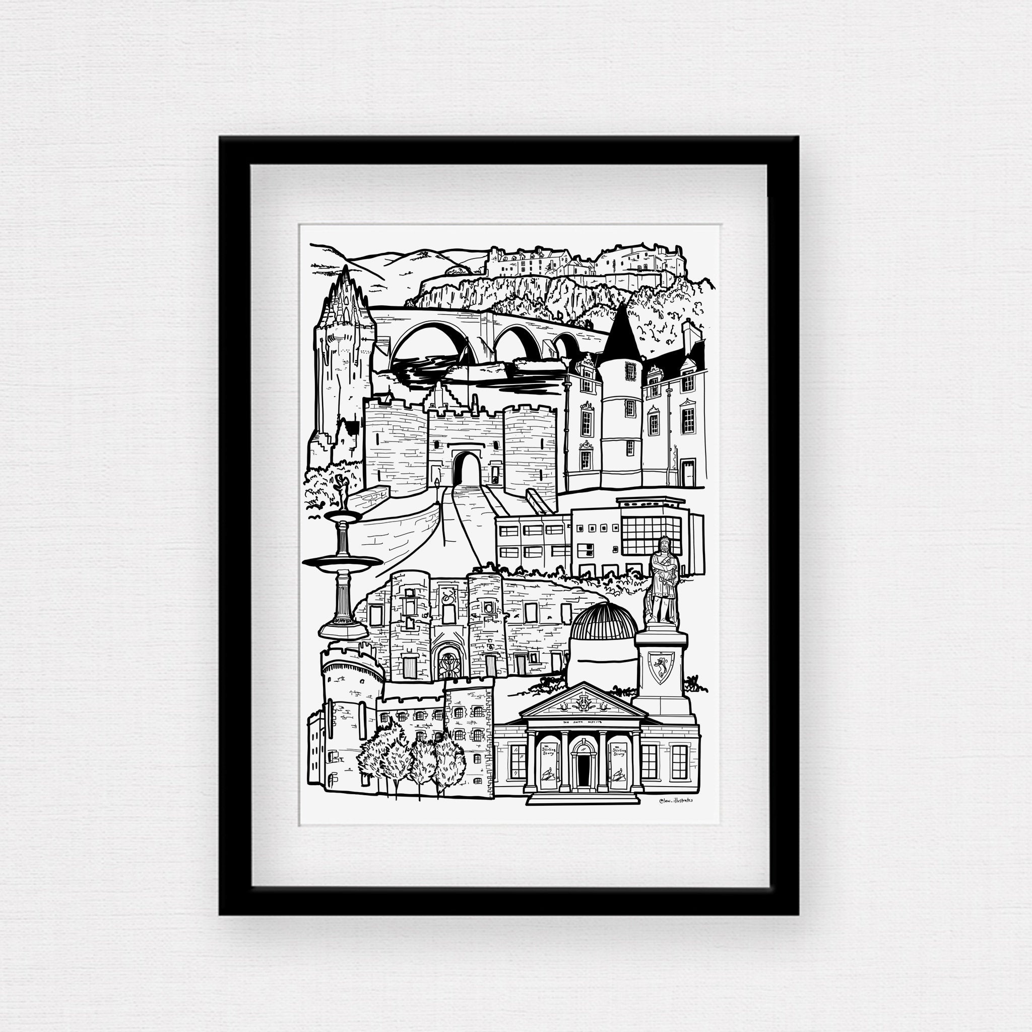 Black and white Stirling illustration print with frame