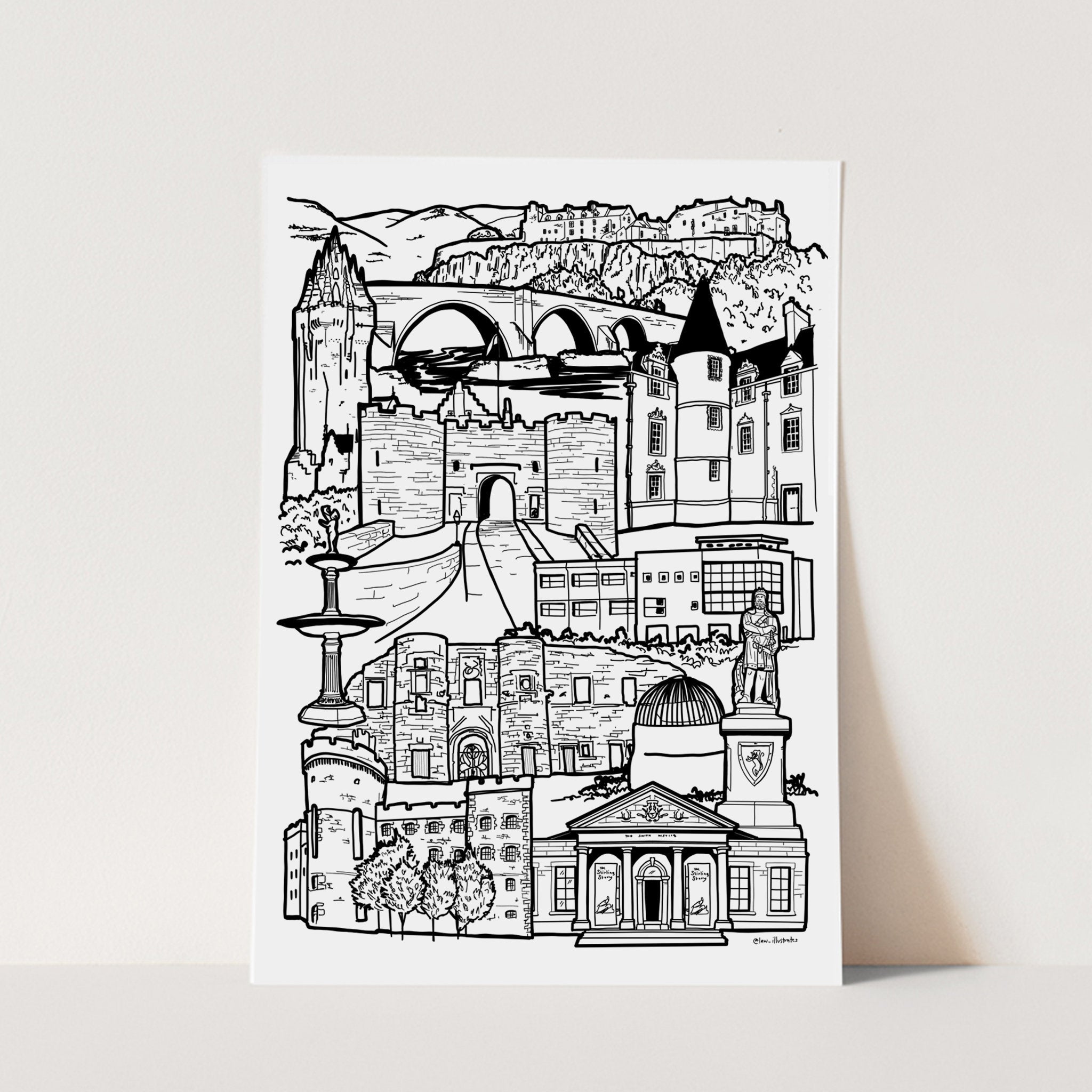 Black and white Stirling illustration print