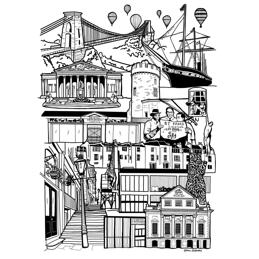 Black and White Bristol illustration print