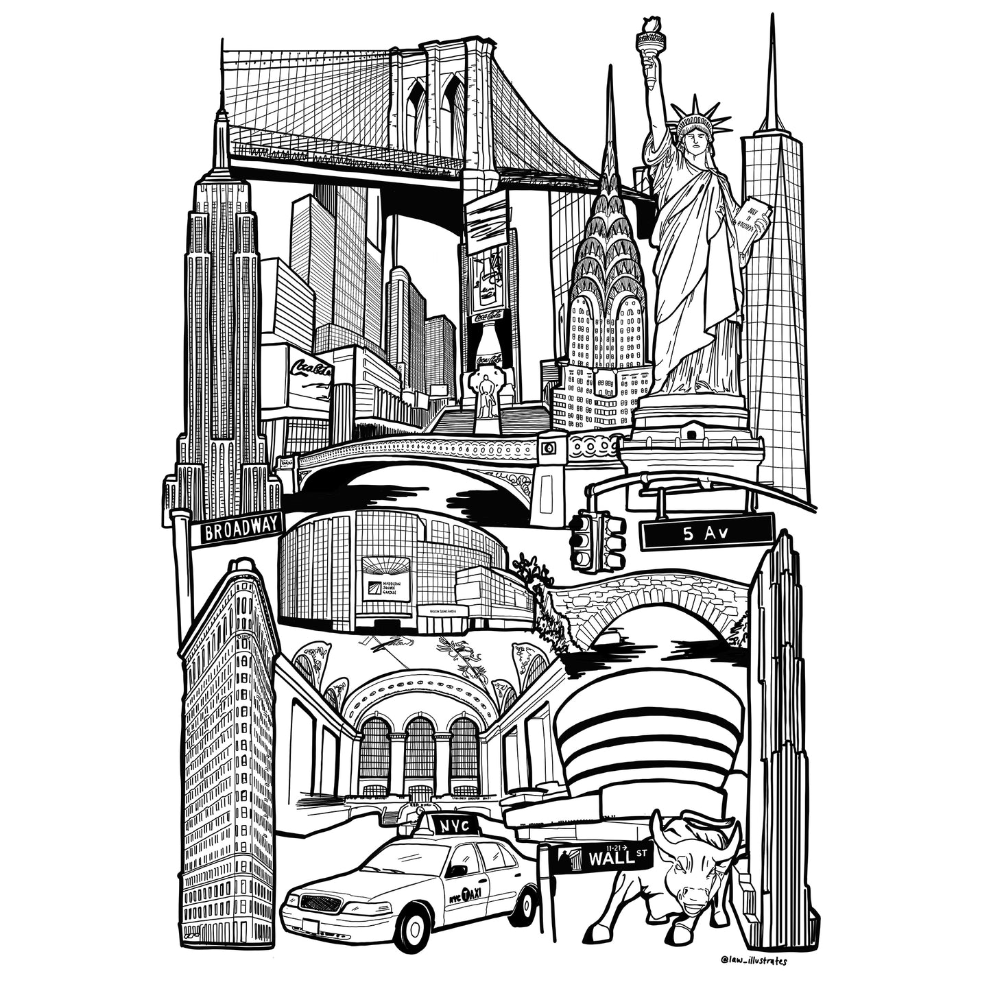 New York black and white illustration print