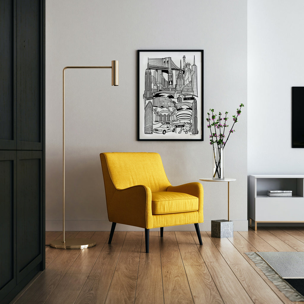 New York black and white illustration print with chair