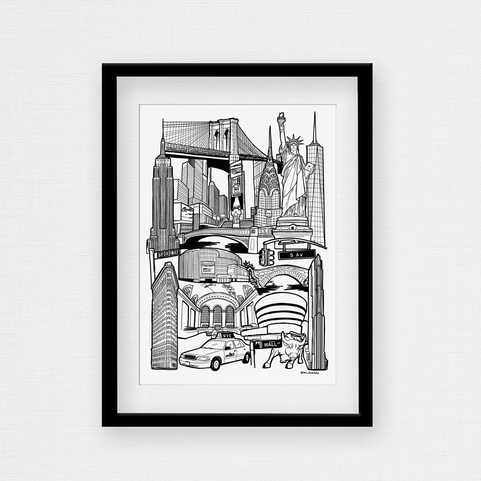 New York black and white illustration framed print