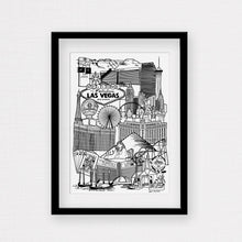 Load image into Gallery viewer, Black and White Vegas illustration print with frame
