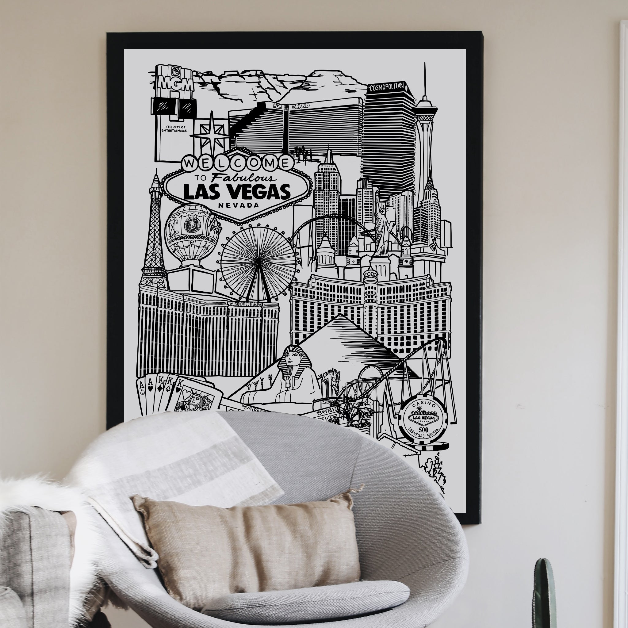 Black and White Vegas illustration print large frame